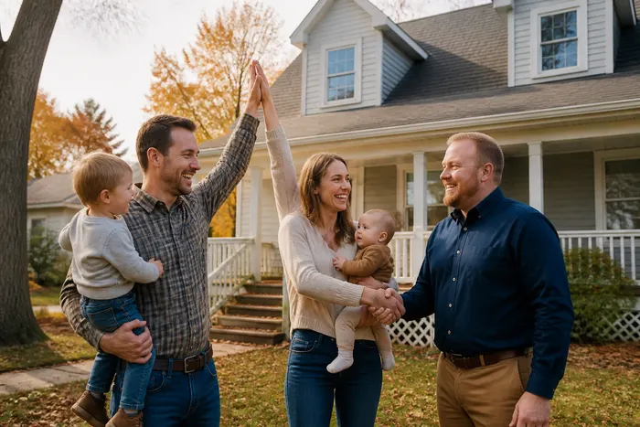 Family and agent celebrating sold home