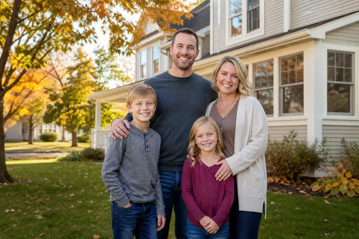 Happy family outside their home