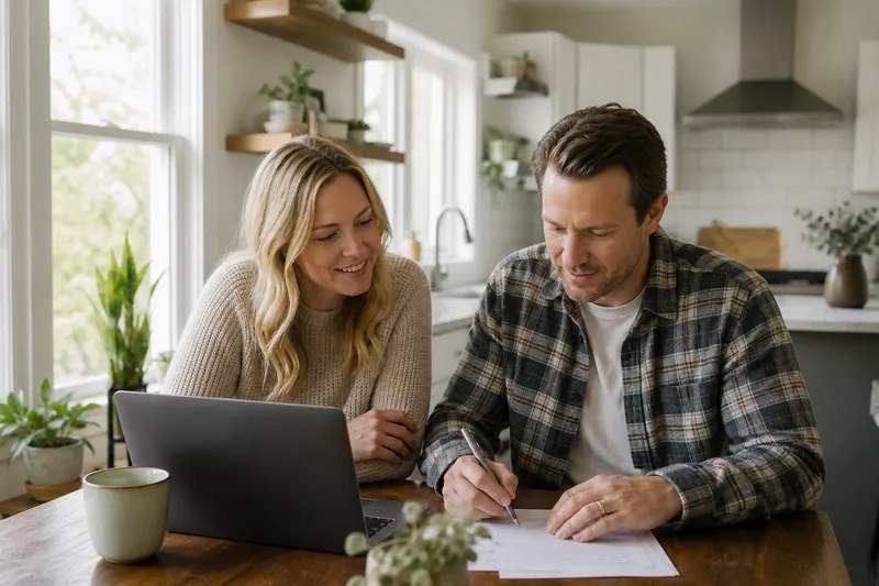 Couple filling out home selling form