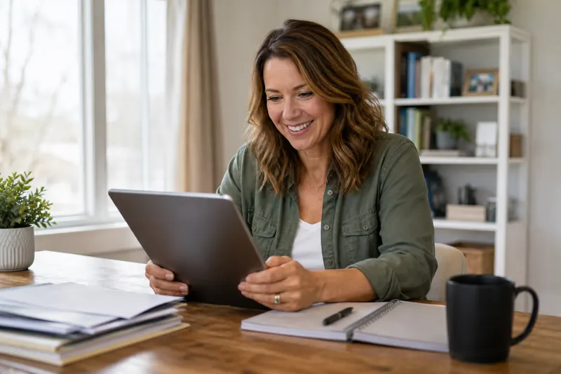 Woman reviewing cash offer on tablet